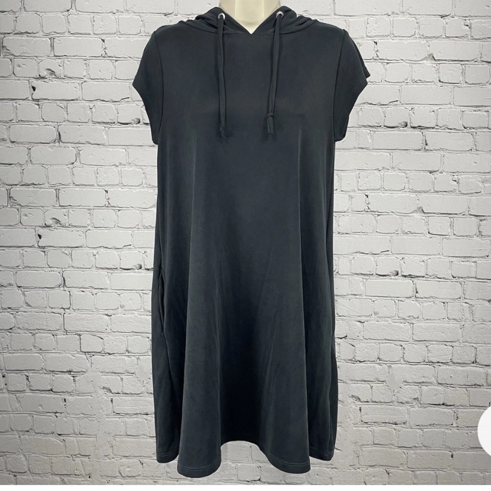 Elan Soft Black Dress Hooded Cap Sleeve Pull Over Pockets USA Made - Picture 2 of 12